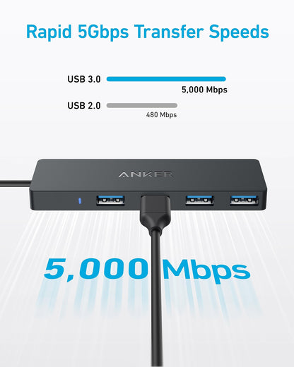 Anker 4-Port USB 3.0 Hub with 5Gbps Data Transfer, Ultra-Slim USB-C Connector Hub, for MacBook, iMac, Surface, Mobile HDD, and More (2 ft USB-C Connector, Charging Not Supported)