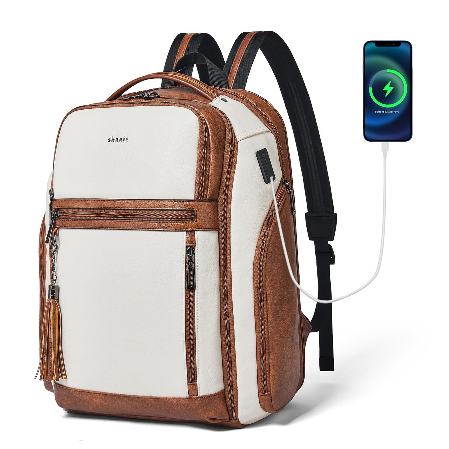 Shrrie Leather Backpack for Women, 17 Inch TSA Travel Backpack with USB Charger, 48L Expandable Large Capacity Computer Backpack Purse for Work Business Travel, Beige