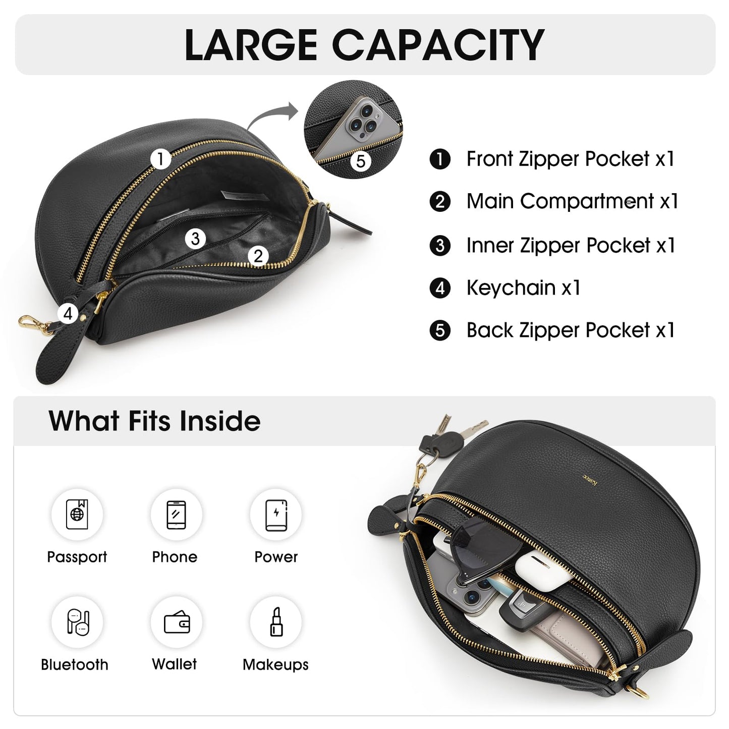 Kattee Crossbody Bag Bum Bags for Women, Leather Fanny Packs Belt Bag, Spacious Sling Purses for Women with RFID Blocking, Black