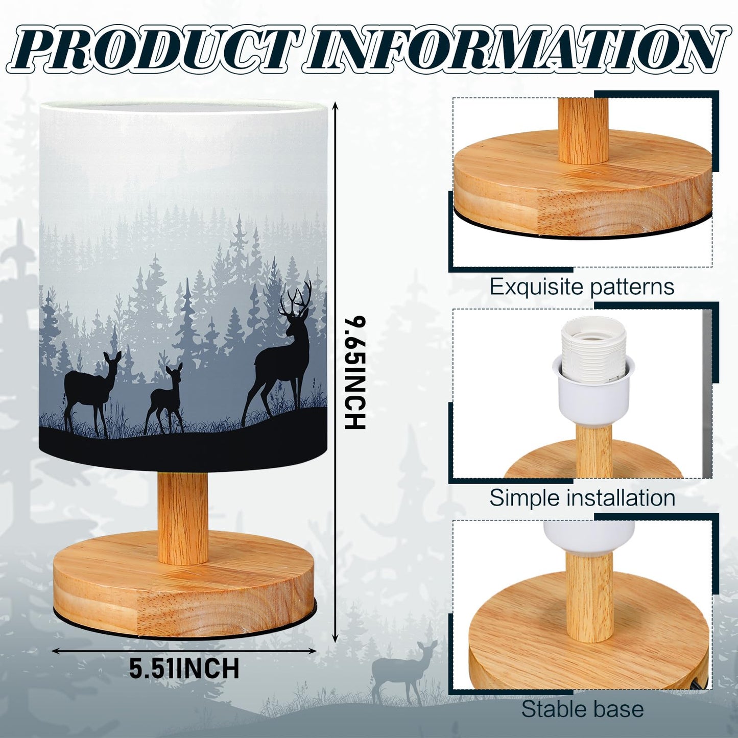 VIHOSE Woodland Deer Bedside Table Lamp Watercolor Winter Forest Tree Animal Deer Nightstand Lamp with Wood Base Fabric Lamp Shade Bedside Desk Lamp for Living Room Bedroom Kids Room Office
