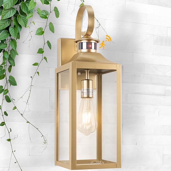 Large Motion Sensor Outdoor Wall Light 20" - Gold Dusk to Dawn Outdoor Lighting, Modern Wall Mount Light Fixture, Waterproof Porch Light Fixture for Outside House Garage, 3 Modes/Anti-Rust