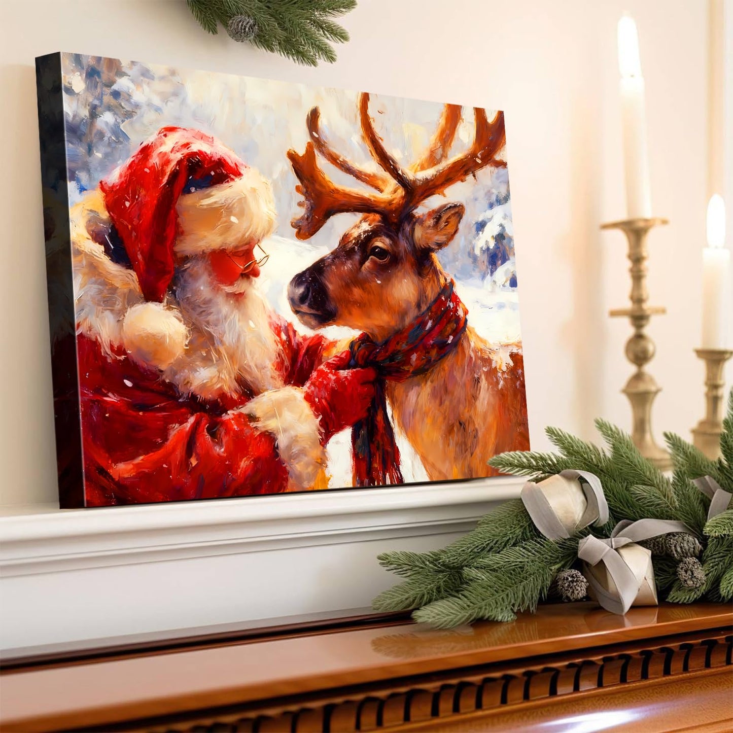 Santa's Reindeer Framed Christmas Wall Art - Festive Holiday Canvas Prints for Living Room Decor, Santa Claus Themed Bedroom Wall Decoration, Ready-to-Hang Christmas Gift Artwork for Home & Office