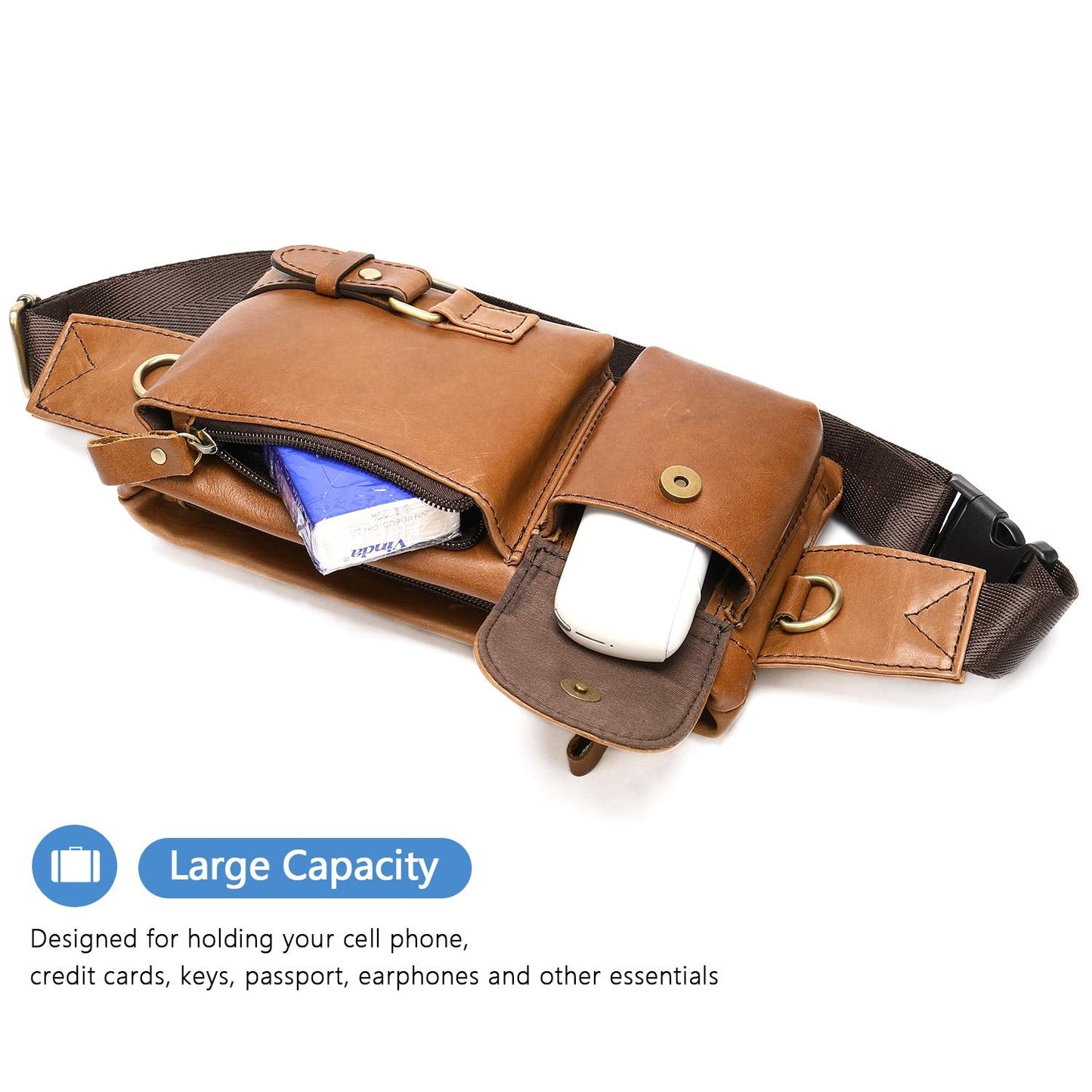 NIUCUNZH Cowhide Waist Fanny Pack-Genuine Leather and Slim with Adjustable Waistband Brown