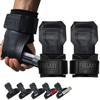Frelaxy Lifting Wrist Straps, Rubber Weight Lifting Grips with Non-Slip Palm & Wrist Wraps Support for Deadlifts, Pull Ups, Rows, Heavy Powerlifting, Lat Pulldowns (Black)