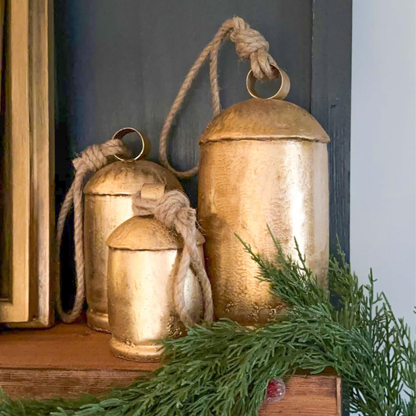 Christmas Hanging Large Cow Bells – Set of 3 (8” 6”4” Inch) | Rustic Golden Metal Bells for Farmhouse, Garden & Holiday Décor