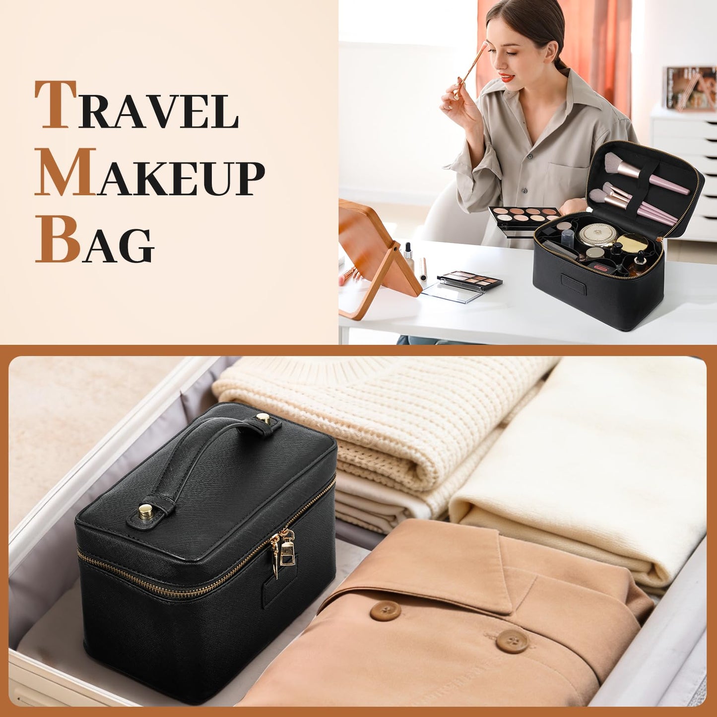 Tawd Makeup Bag Vanity Case with Removable Organizer Divider Waterproof Leather Portable Cosmetic Bag Travel Toiletry Bags Makeup Organizer Case