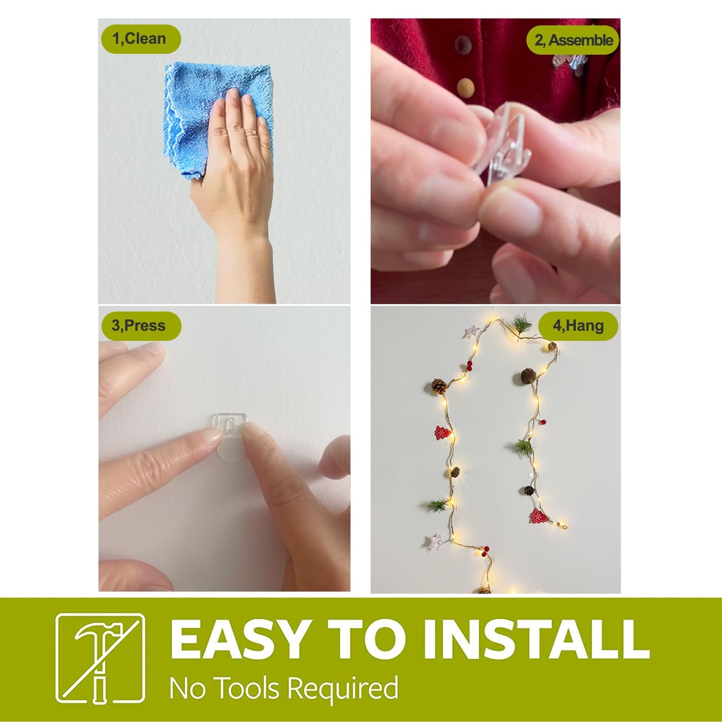 Karsbarwe 120 Clear Mini Light Clips with 132 Adhesive Strips, Small Removable Wall Hooks No Damage, Transparent Wire Hooks for Christmas String Lights, Indoor Holiday Decorations, Cables and Cords
