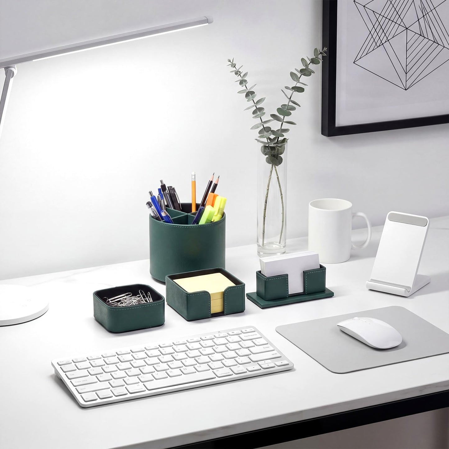 YooNotee 4 Pcs Rotating Leather Pen Holder Organizer Office Desk Accessories Set with Business Card Sticky Note Holder Paperclip Storage Desktop Storage Supply for Teacher Back to School Gift(Green)