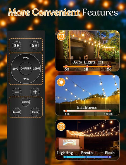 GHUSTAR 50ft Solar Outdoor String Lights with Remote - USB Rechargeable Solar Powered Outdoor Patio Lights, Larger 1.5W Solar Panel, Timer, Dimmable Shatterproof ST38 Bulbs for Backyard, Garden, Pool