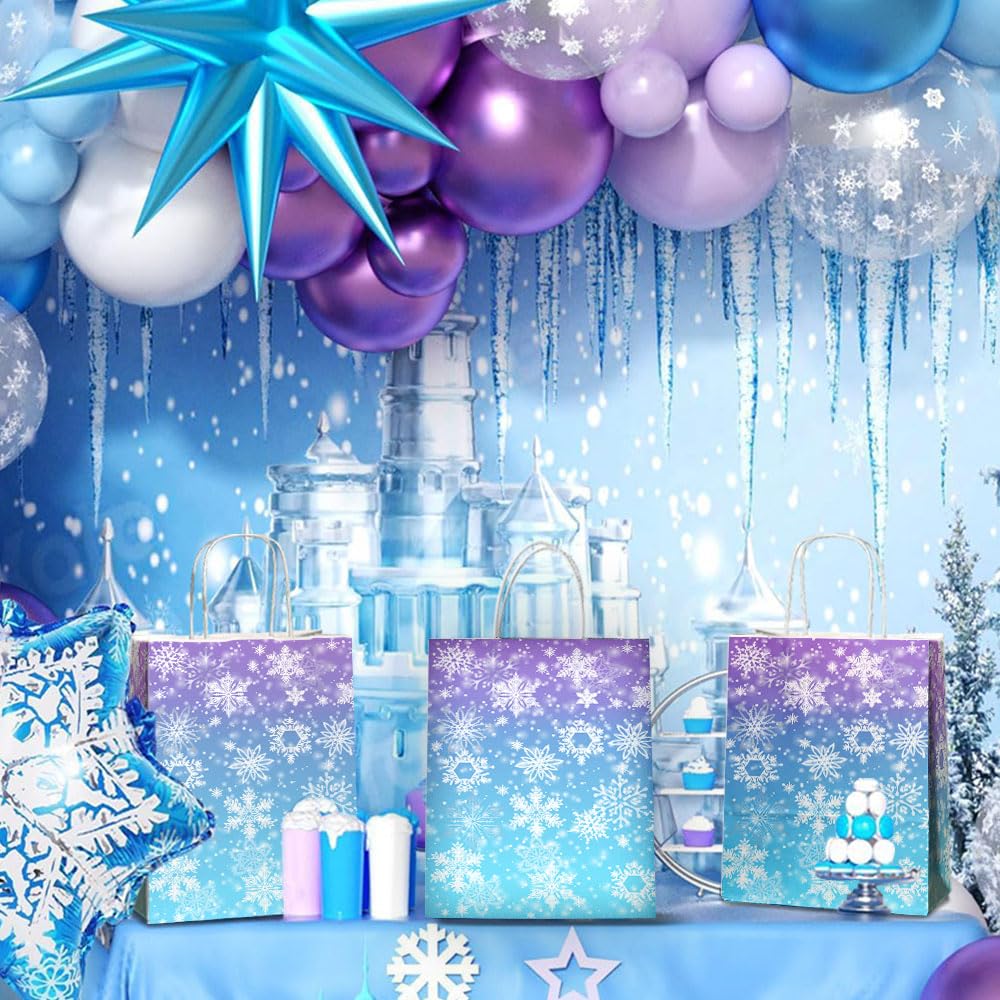 JOYGATHER 24 Pcs Snowflake Party Favor Bags with Handles - Winter Themed Goodie Gift Candy Kraft Paper Bags for Holiday Birthday Party Supplies Decorations