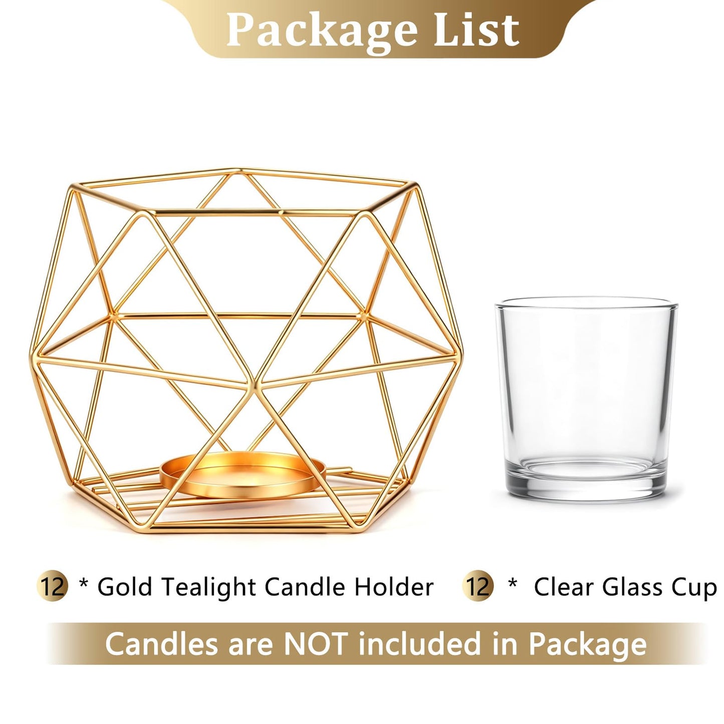 Hewory Geometric Tealight Candle Holders Gold, Modern Metal Geo Wedding Centerpieces for Table, Votive Candle Stand Accent for Tea Light for Home Shelf Mantel Christmas Birthday Party Decor, 12pcs