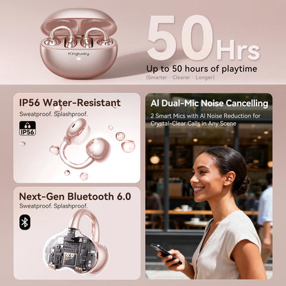 Kinglucky Upgraded Clip-On Earbuds Comfortable fit & Crystal-Clear Sound, 50H Playtime Open Ear Buds Bluetooth 6.0 Wireless Headphones for Women & Kids Ideal for Small Ears,Sports,Glasses Rose Gold