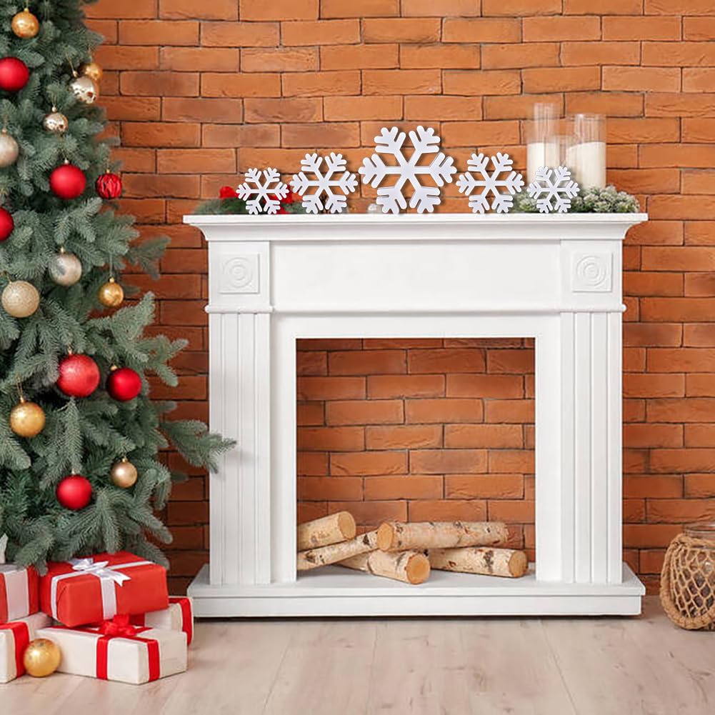 5 Pcs Winter Wooden Snowflake Decor Christmas Snowflake Signs 3D Decoration Tabletop Wood Snowflakes Centerpiece White Block Table Decor Standing Sign for Xmas Fireplace Mantel Home (white)