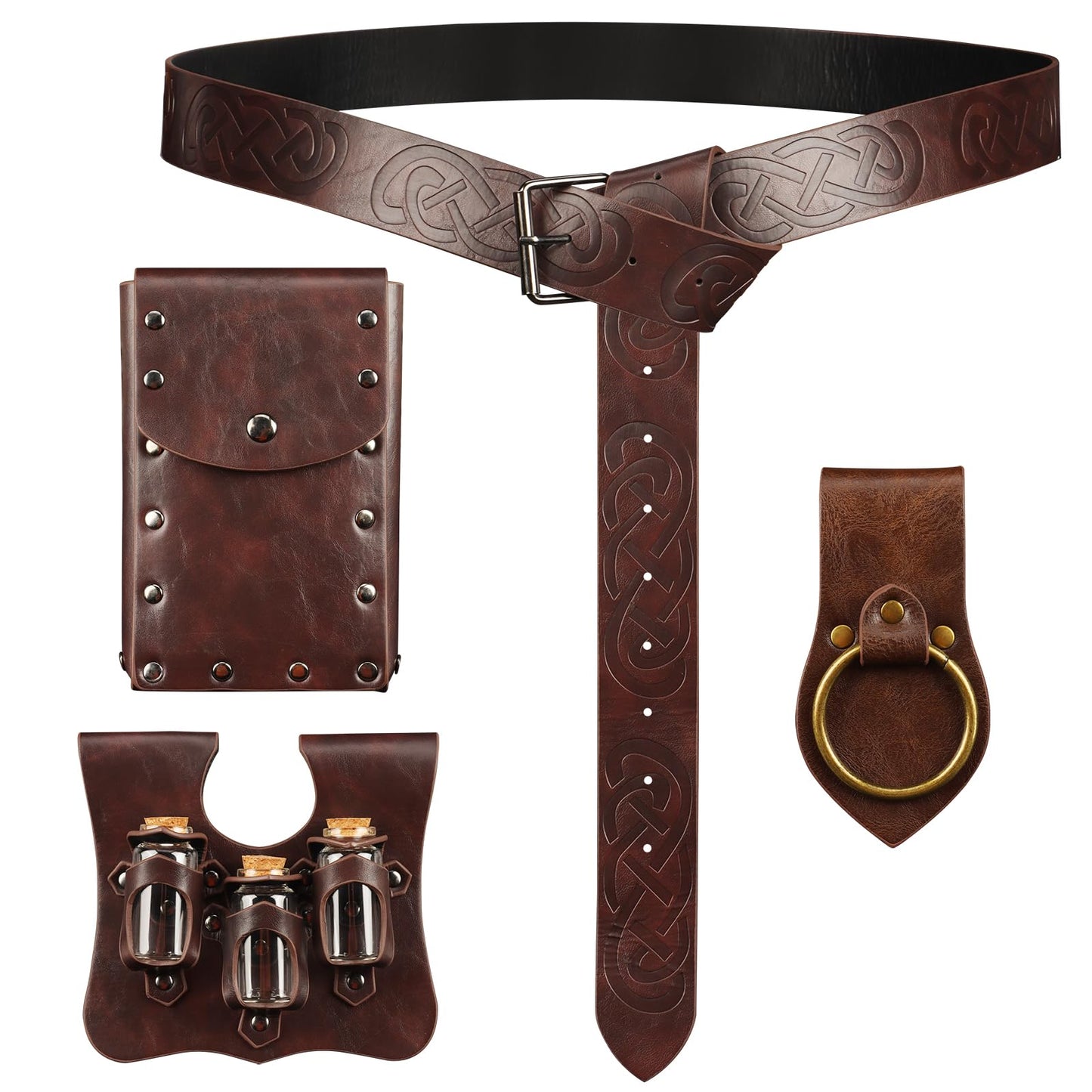 Renaissance Medieval Belt Viking Pouch Ren Faire Leather Potion Bottle Waist Bags Sword Holder Set for Knight Costume Cosplay