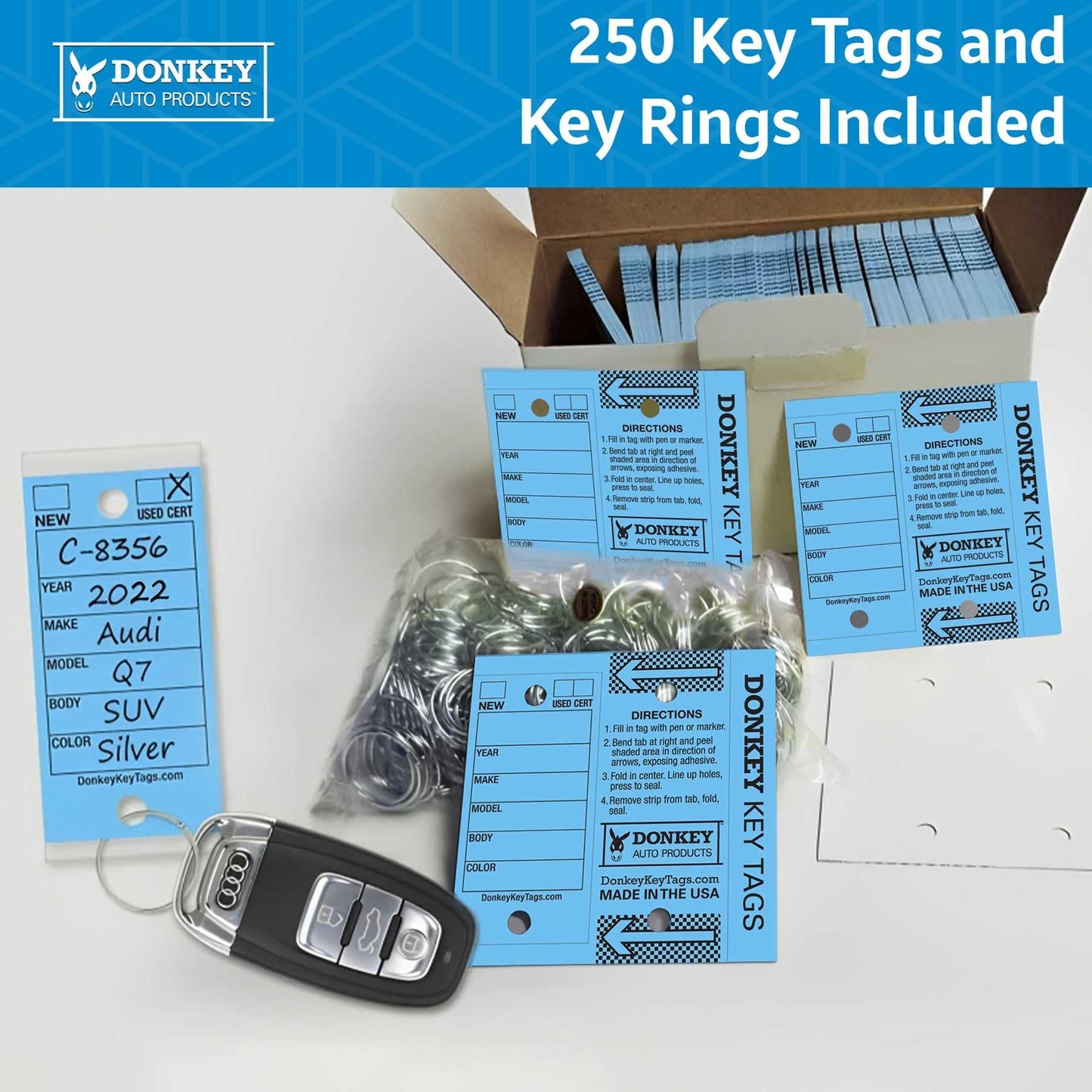 Donkey Key Tags, Laminated Self-Protecting (250 Tags per Box with Metal Rings) (Blue)
