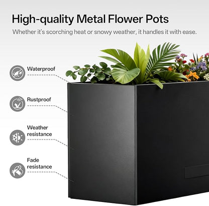 Metal Planter Box 36" x 12"x 16",Heavy-duty Galvanized Steel Outdoor Planter with Removable Built-in shelf and Drainage Holes,Rectangular Planter for Porches, Gardens, Patios, and Courtyards，Black