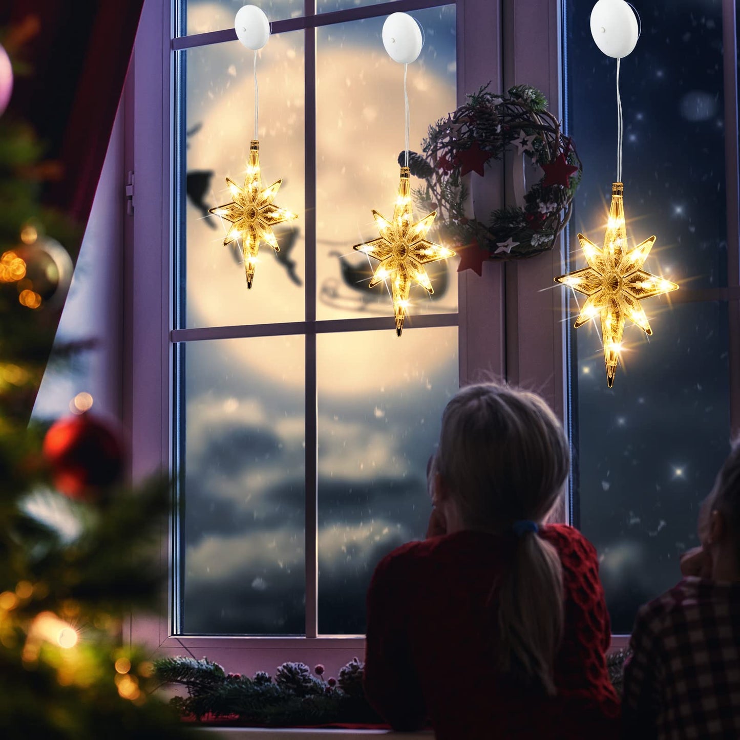 VIHOSE 3 Pcs 10.6 Inch Bethlehem Christmas Window Lights Plastic LED Lighted Christmas Window Silhouette Lights Large Hanging Xmas Tree Ornaments (Yellow)
