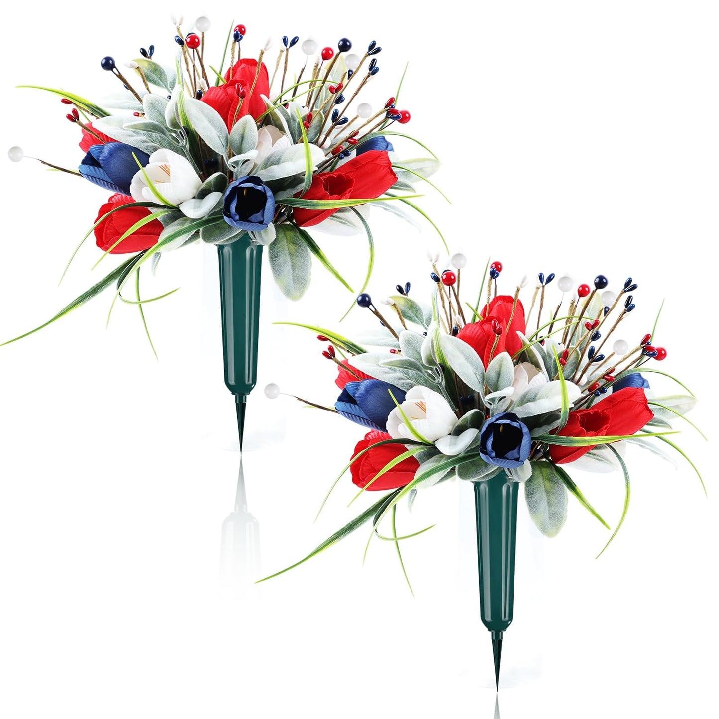Memorial Day Flowers for Cemetery 2 Sets Artificial Patriotic Cemetery Flowers Red White Blue Roses with Berries & Lamb's Leaves for 250th Anniversary USA 4th of July Memorial Day Grave Outdoor Decor
