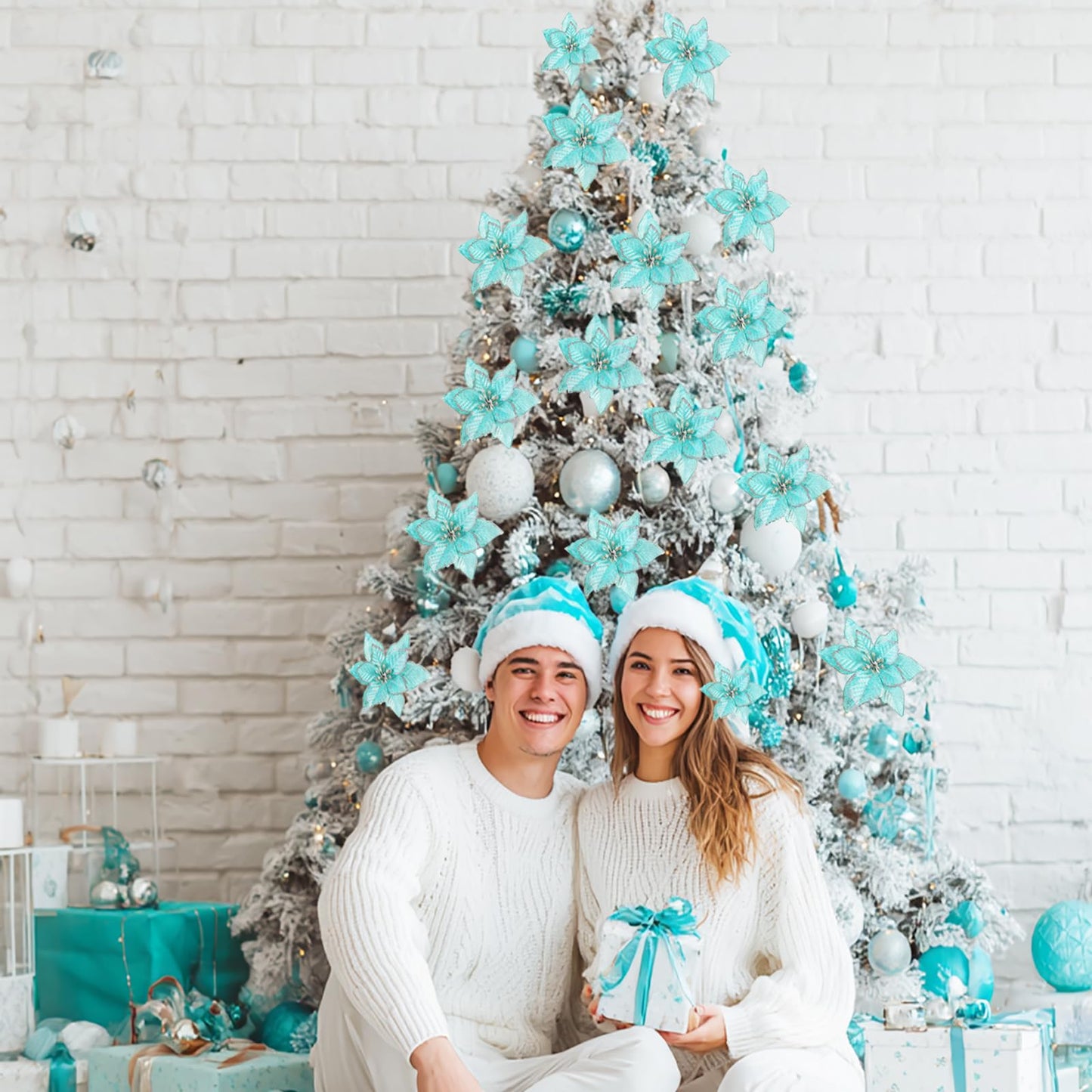 KEPATO Christmas Poinsettia Ornaments Ice Blue, 12 Pcs 6" Artificial Flowers, Glitter Teal Blue Christmas Tree Decorations for Winter Wonderland Theme