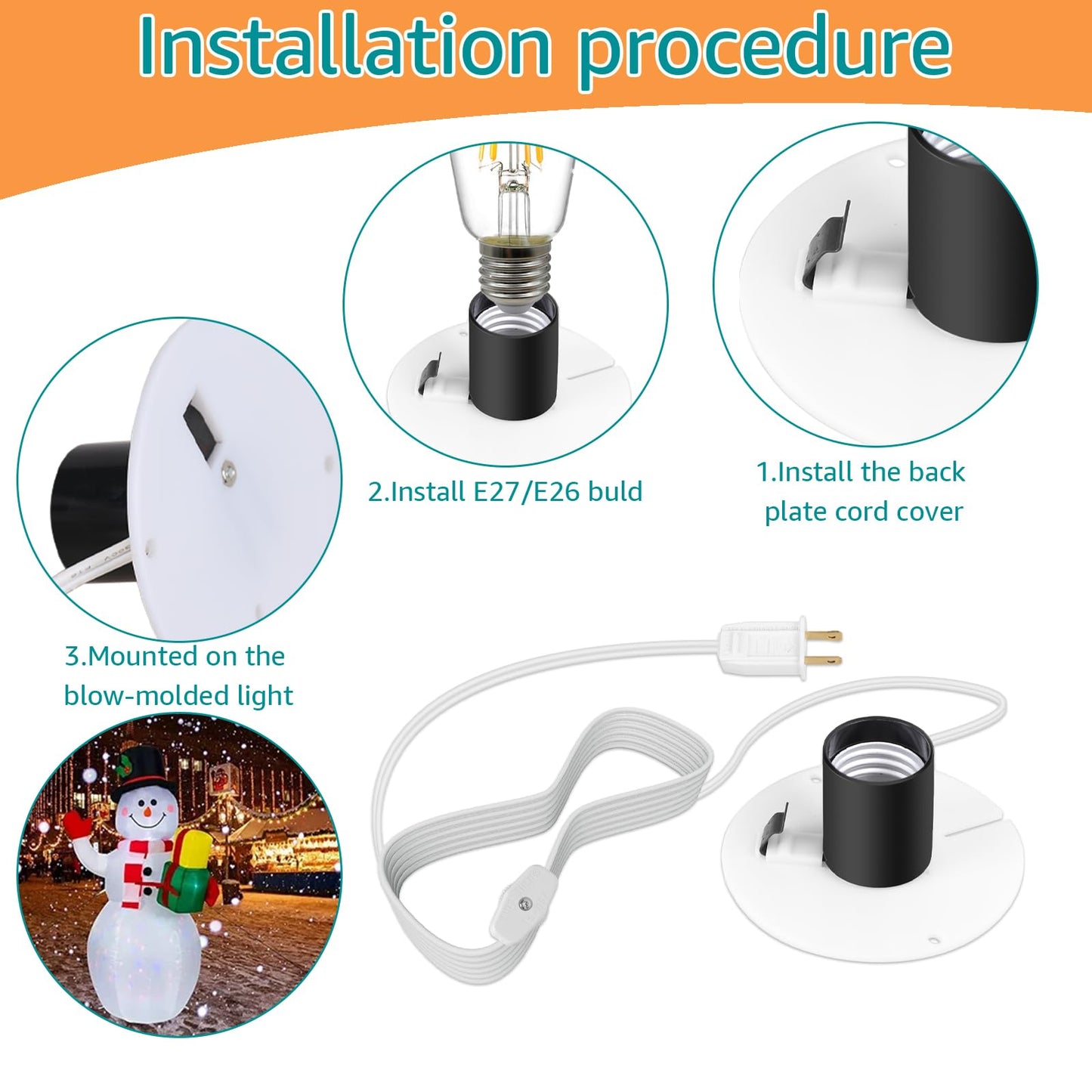 Basysion Blow Mold Light Kit Replacement Medium Base LightLight Cord with Switch, for MB48 E26 E27LED Single Light Cord Kit,for Christmas Village Halloween Salt Lamps Home Festive (2 Sets)