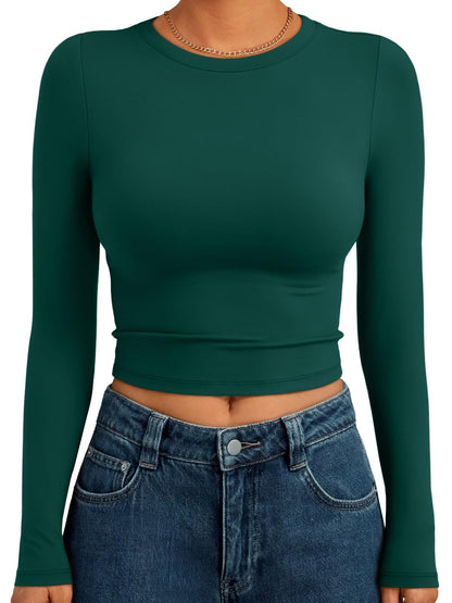 Trendy Queen Womens Long Sleeve Crop Tops Basic Slim Fitted Shirts Fashion 2025 Going Out Y2k Tops Teen Girl Clothes