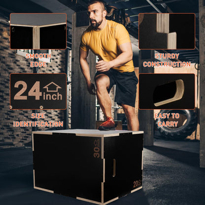 HAPOO 3-in-1 Wooden Box Jumps for Home Gym，30"x24"x20"450 lbs Boxes Step Up with Smooth Edges & Wide Built-in Handles for Jumping, Strength Training, Lunges, Squats,