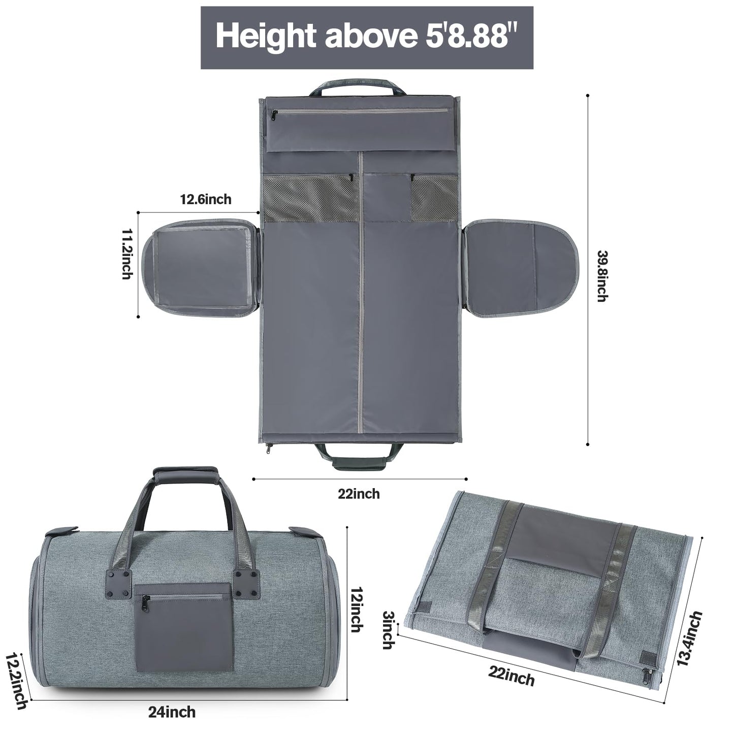 Richeart Garment Bags for Travel - Brand Zipper - Water Repellent Garment Bag with Shoe Compartment - 2 in 1 Convertible Suit Bag Travel with Shoe Bags - Large Dark Gray