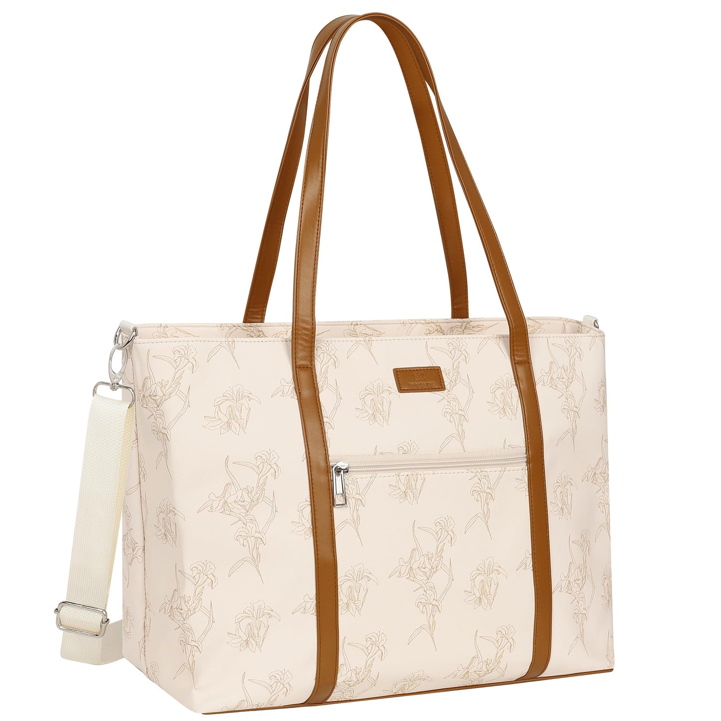 Laptop Bag for Women 17 Inch, Leather Laptop Tote Bag Waterproof Computer Bag Office Work Bag Business Briefcase with Compartment&Shoulder Straps (A3-Beige/Brown Flower, 17.3 inch)