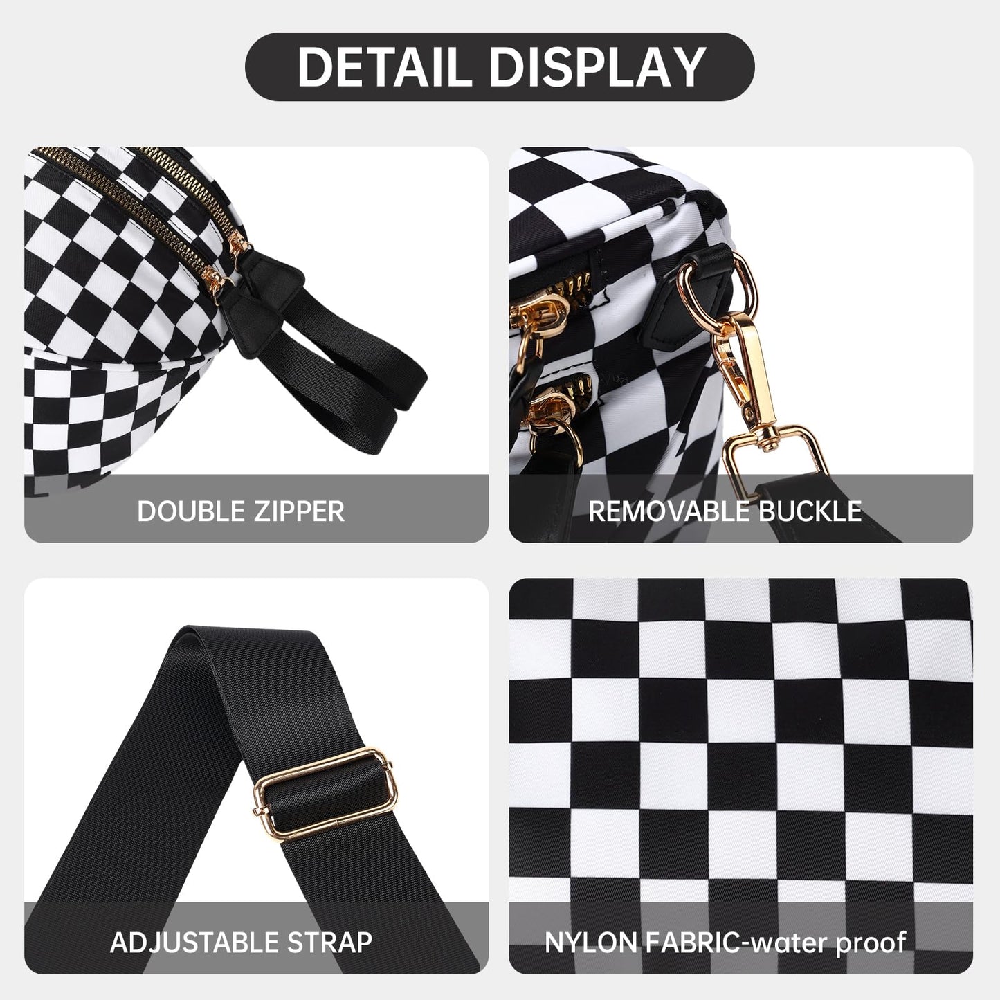 FFEDAYUN Checkered Crossbody Bag Spacious Bum Bags for Women Nylon Fanny Packs Belt Bag Handbags Wallets for Shopping Travel,Black White