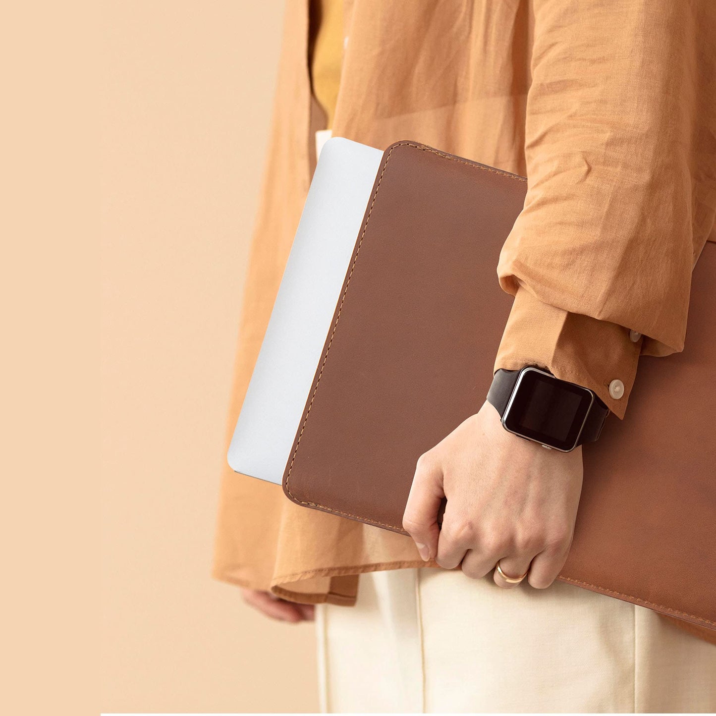 ENVOY Leather MacBook Air M2 Sleeve Fits Any 13, 14, 16 Inch - Genuine Full Grain Leather Laptop Case, Pro Slim Mac Cover with Real Wool Lined Pocket, Saddle