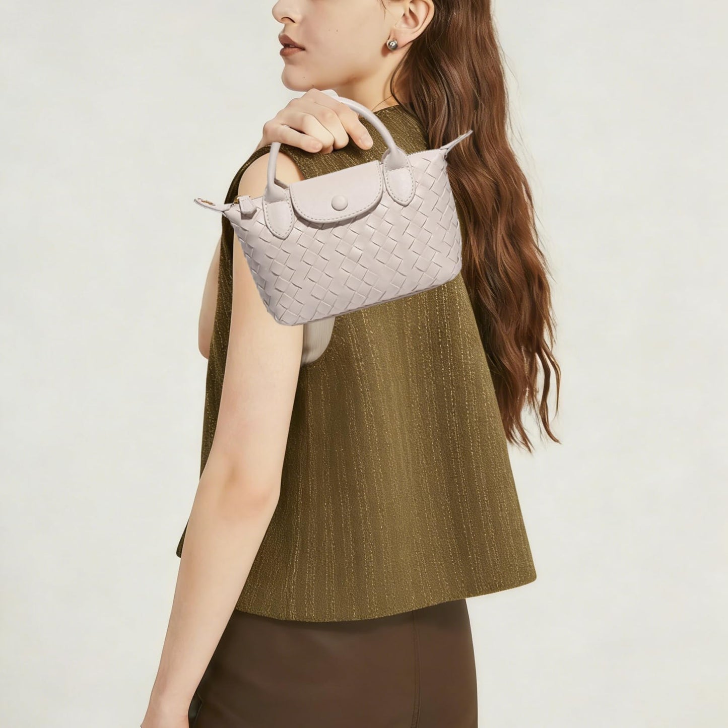 Small Vegan Leather Crossbody Bags For Women, Mini Woven Dumpling Handbag, Cute Top Handle Shoulder Purse For Travel Dating (Off White)