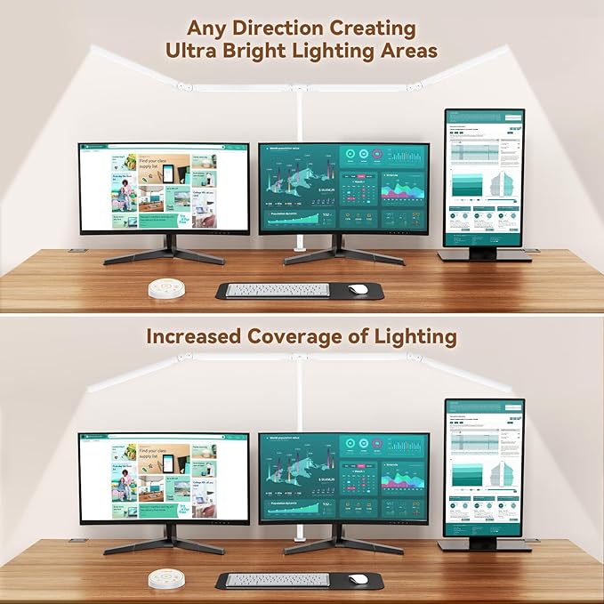 Led Desk Lamp with Clamp: Architect Desk Lamp for Home Office, Eye Caring Double Head Computer Monitor Gooseneck Desk Light with Remote Control - 24W Flexible Dimmable Desktop Table Lamp White