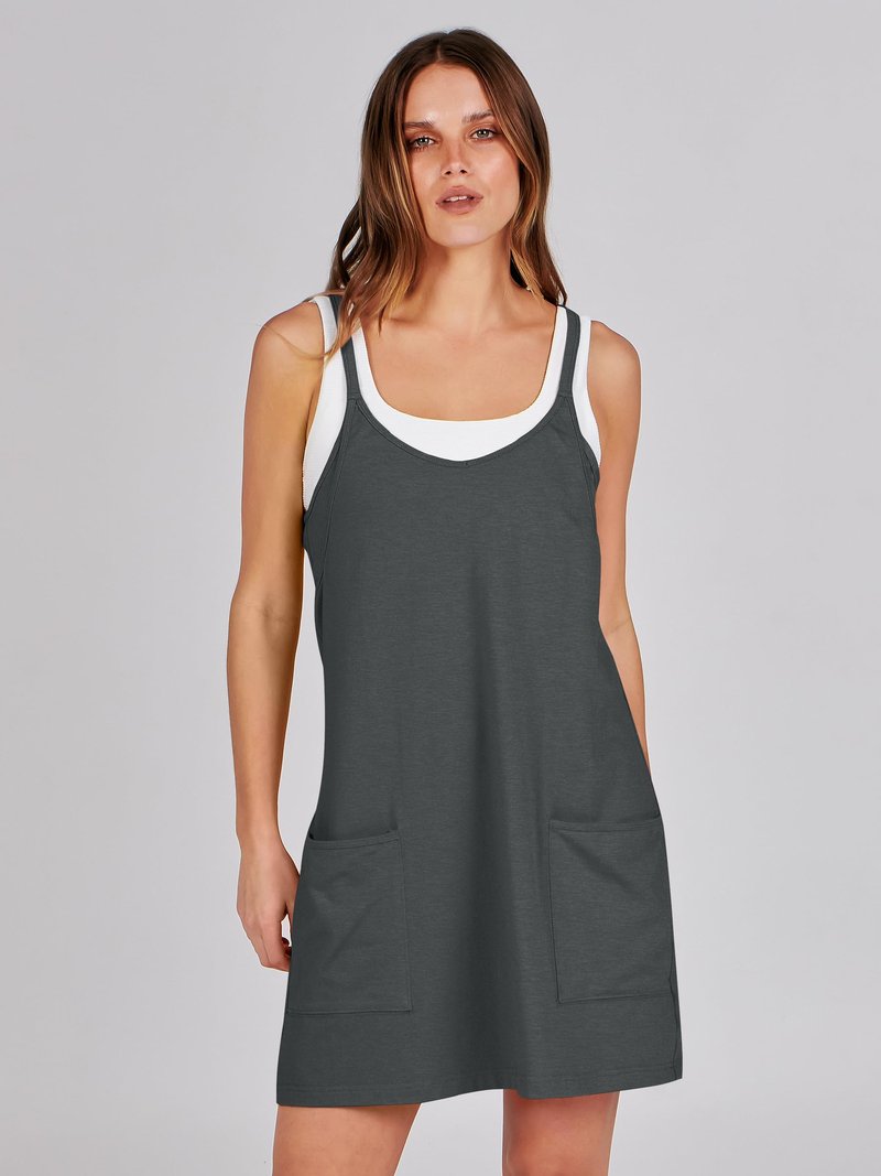 ANRABESS Women Athletic Dress Summer Tennis Workout Active Sports Mini Romper Dress Built in Shorts Travel Vacation Clothes Deep Gray XX-Large