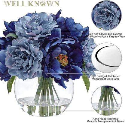 Artificial Flowers in Vase, Artificial Peonies for Vase with Faux Water, Silk Fake Flower Arrangements for Fall Winter Wedding Home Coffee Table Decor Thanksgiving Centerpieces (Blue)
