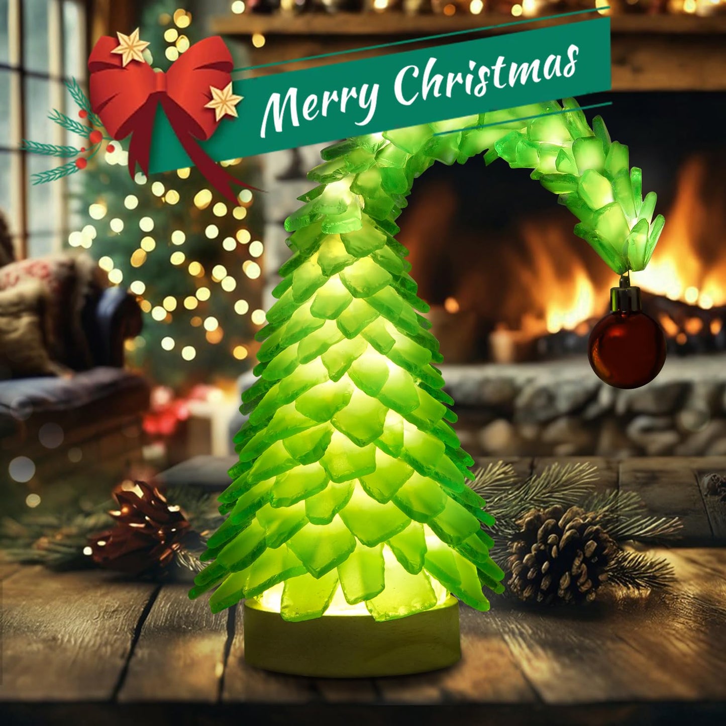 Crooked Sea Glass Christmas Tree with LED Lights - Handcrafted Whimsical Mini Green Christmas Tree, Ideal for Christmas, New Year, Coastal Holiday Decor & Gifts, Versatile Home Decor