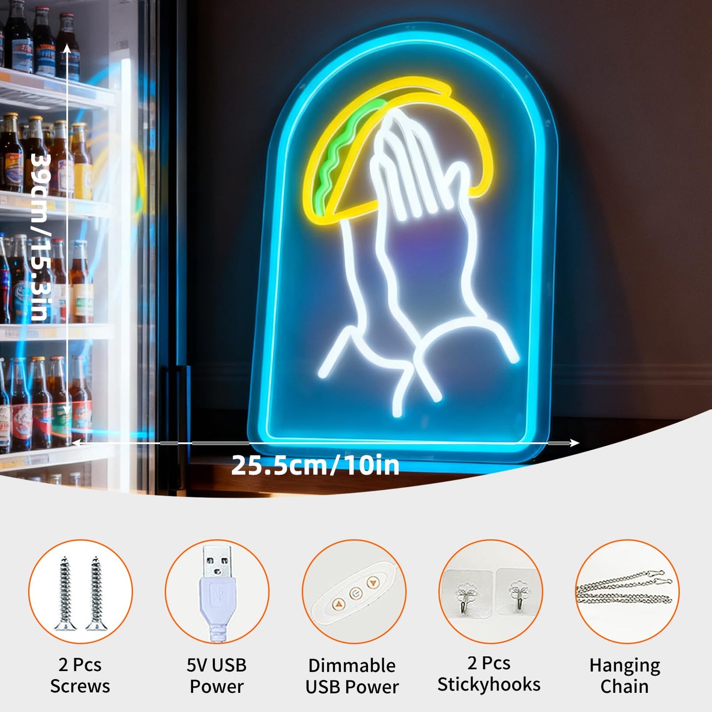 Taco LED Neon Sign, USB Powered Dimmable Decorative Neon Light for Mexican Restaurant Home Kitchen Taco Shop Food Truck Party Dining Room Wall Table Decor 15.4 x 10 In