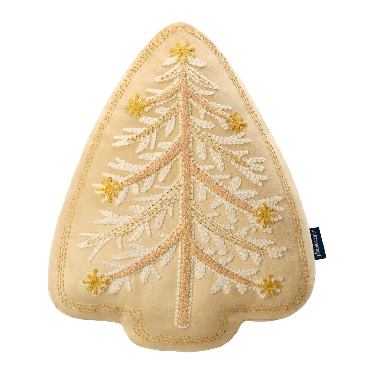 Phantoscope Merry Christmas Tree Decorative Throw Pillow, Velvet Beads Embroidery 3D Shaped Cushion, Suitable for Sofas, Living Rooms, and Beds, Beige, 18 x 14 in