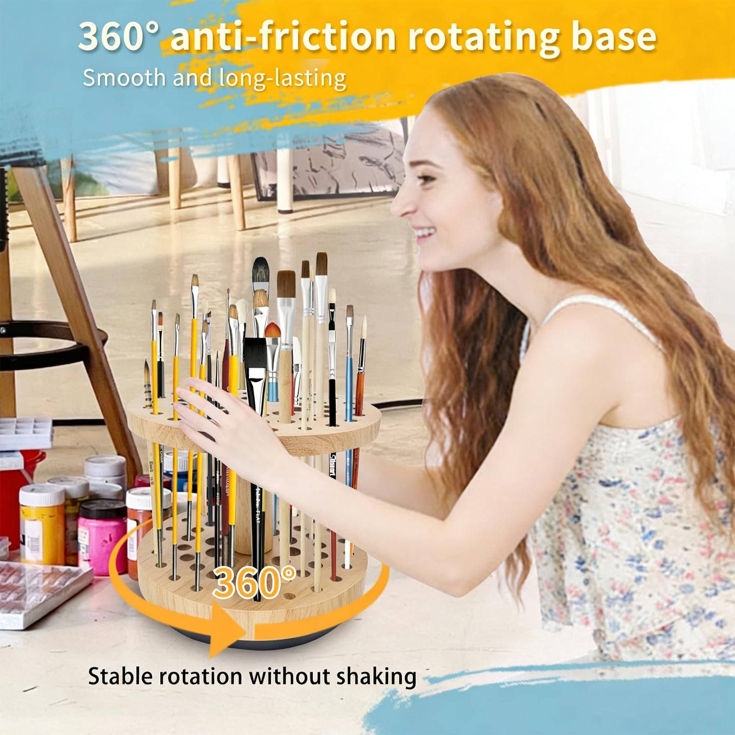 Natural Solid Hardwood Paint Brush Organizer – 360° Smooth Rotating, 52-Hole Vertical Storage Rack, Compact Desktop Holder for Cosmetic Brushes, Craft Supplies & Calligraphy Pens