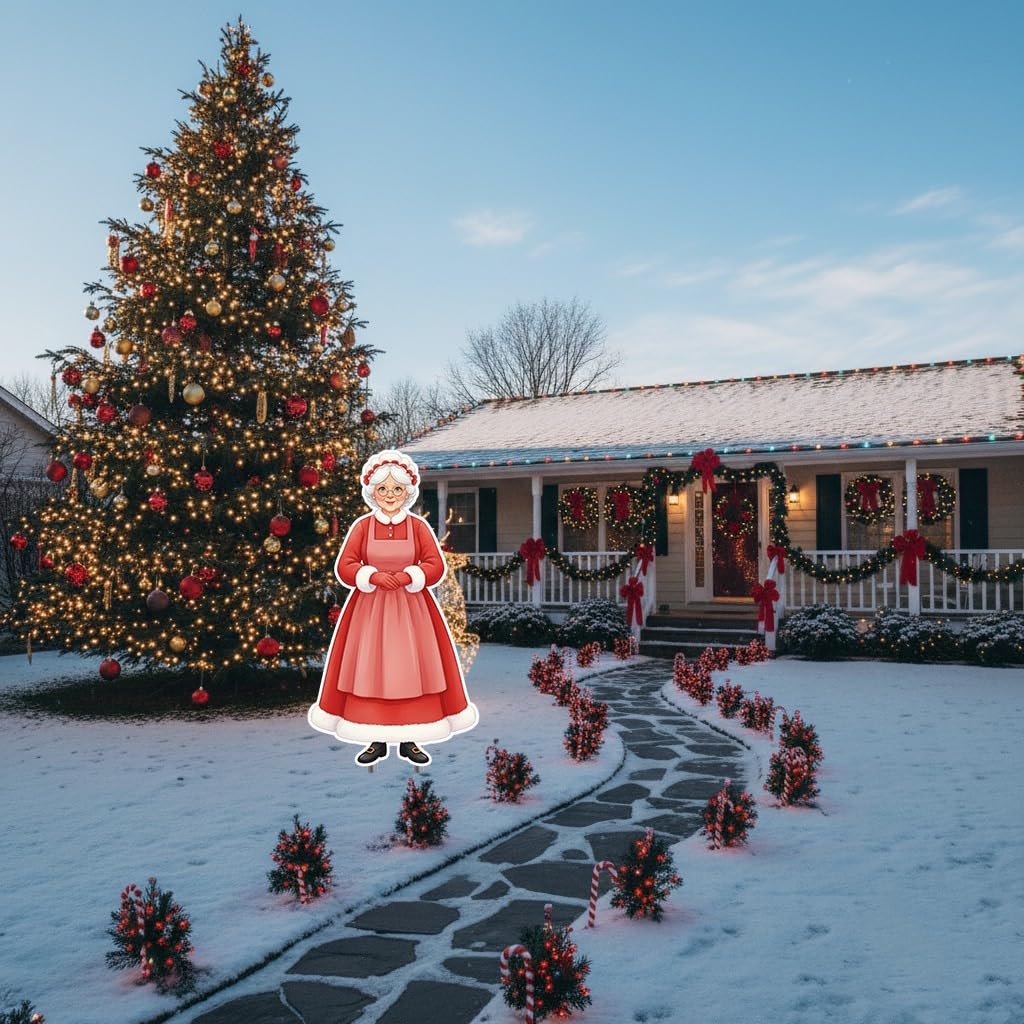 Christmas Mrs. Santa Claus Classic Yard Sign for Home Decor and Lawn Decoration With Stakes, Green Merry Christmas Sign Tree Mrs