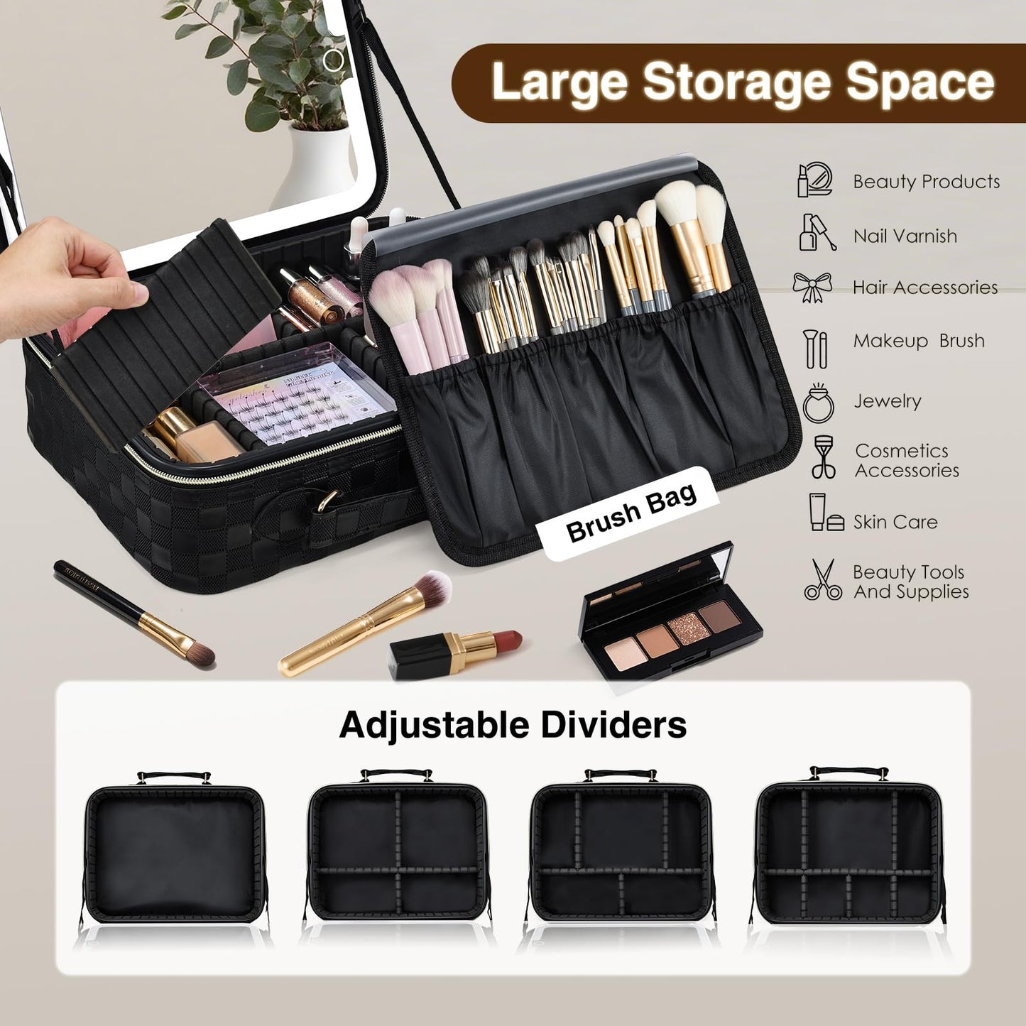 Faquenc Makeup Bag with LED Lighted Mirror 12.2 IN Travel Makeup Bag Adjustable Brightness in 3 Colors Cosmetic Organizer Artist Storage Bag with Dividers Brush Holder Bag Vanity Black Checkerboard