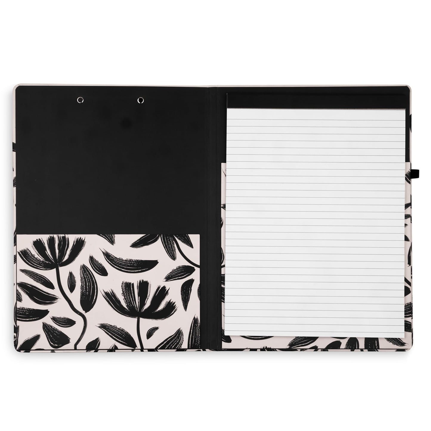 Steel Mill & Co Cute Clipboard Folio with Refillable Lined Notepad and Interior Storage Pocket, Padfolio for Work/Nursing/Teachers, Hand Drawn Black Floral