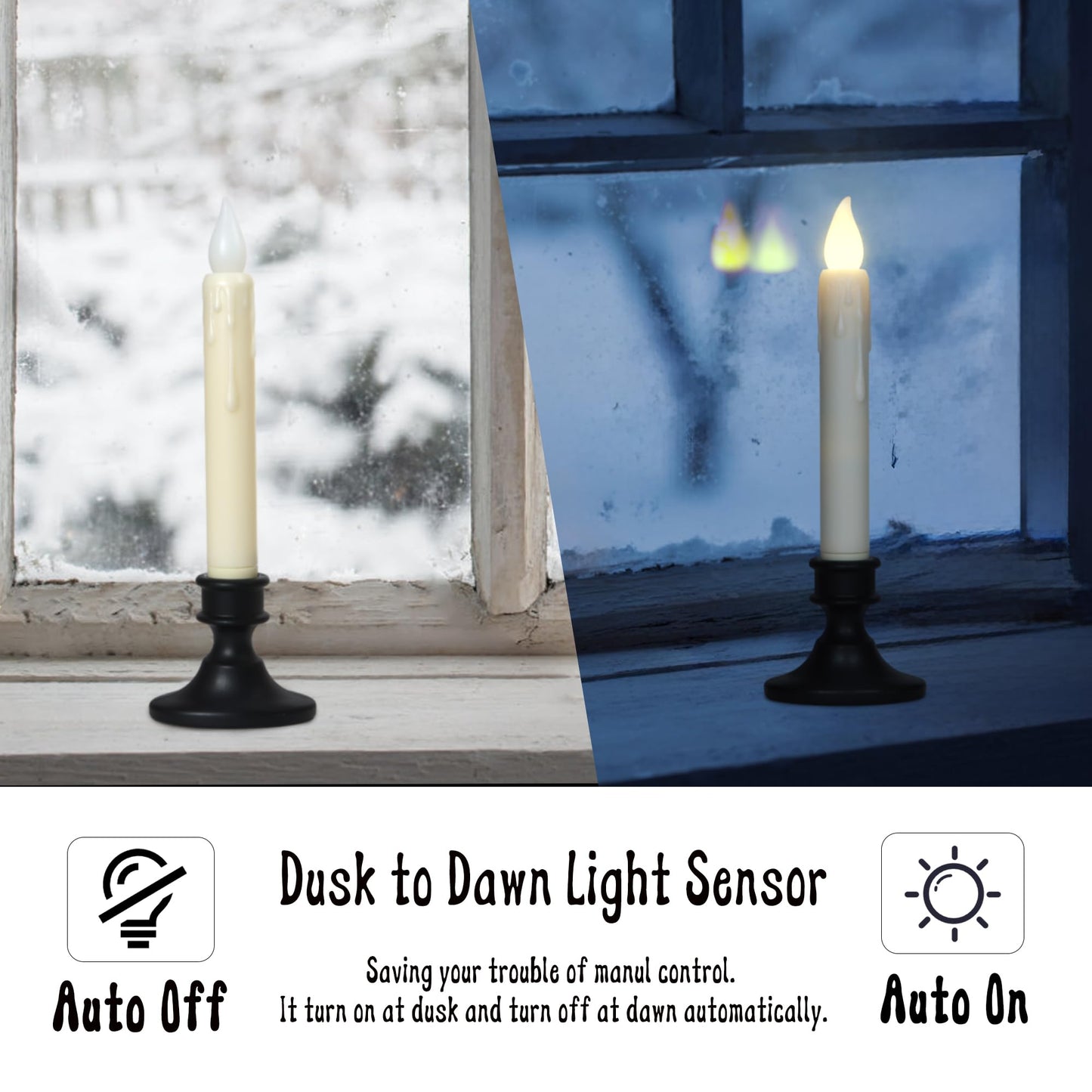 yunsheng 8.6Inches LED Window Candles Dusk to Dawn Light Sensor Timer, 6PCS Battery Operated Flameless Taper Candles with Drip Texture, Suction Cups and Removable Black Base, Christmas Home Decor
