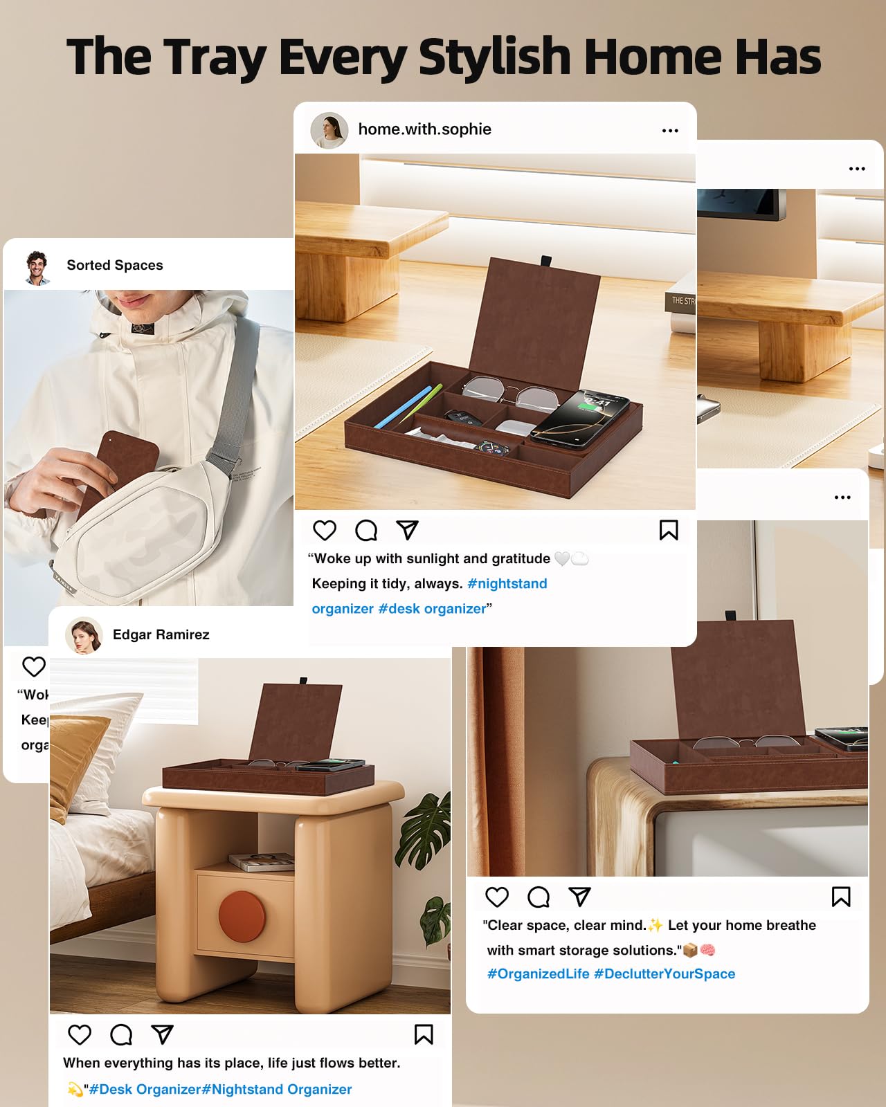 Leather Valet Tray with Wireless Charging Pad - Luxury EDC Nightstand Organizer for Men - Premium Desk Tray for Phone, Watch, Glasses & Keys - Sleek Office Desk Accessories & Gift for Him, Brown