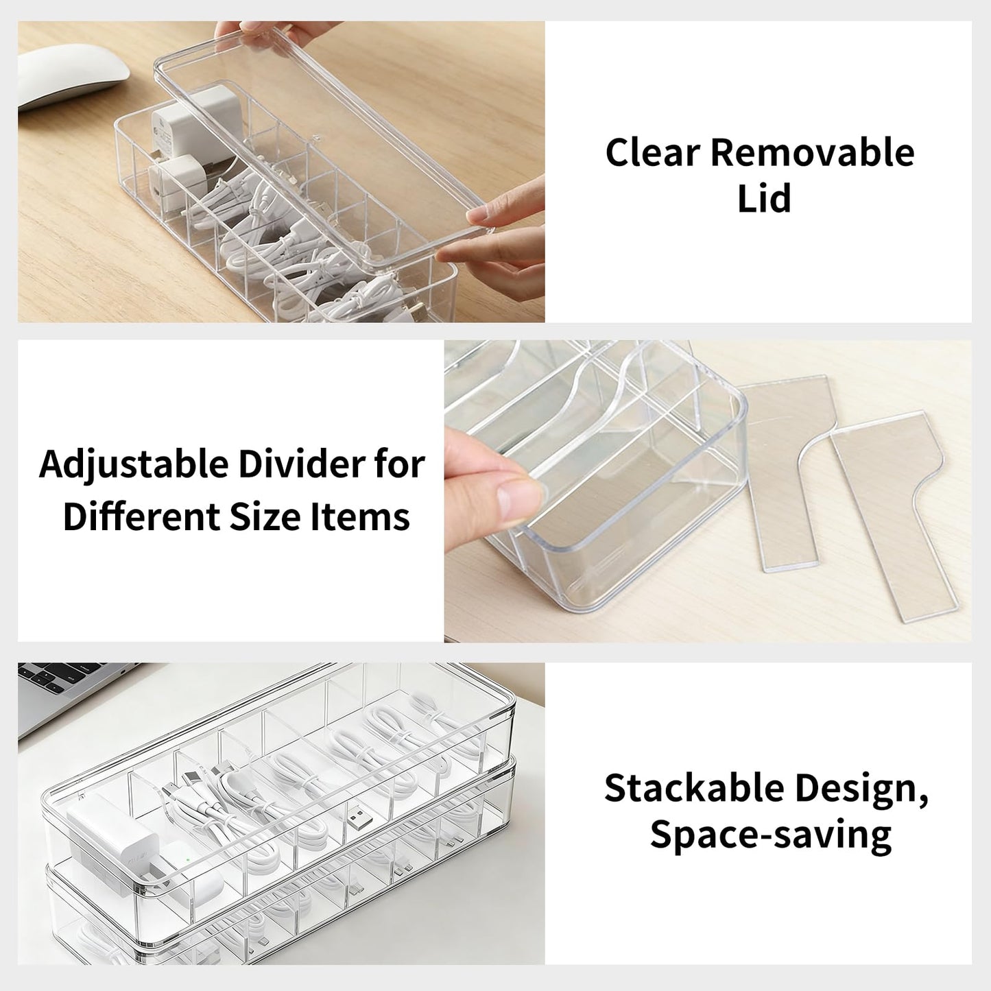 2 Pack Cable Organizer Box with Lid - Stackable Charger Cord Storage Organizer with 20 Wire Ties - Adjustable Compartments Phone Cables Wire Management Box for Drawer Desk Office Home Accessories