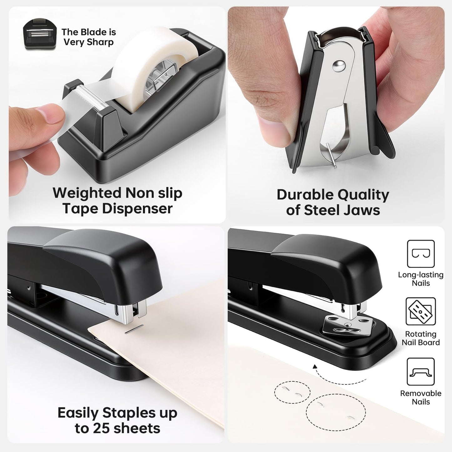 Black Office Supplies for Kids, Black Desk Accessories, Stapler and Tape Dispenser Set for Kids, Women, Office Gift for Women, Boss Lady, Office Lady, Coworkers, Office Clerks, School Kids