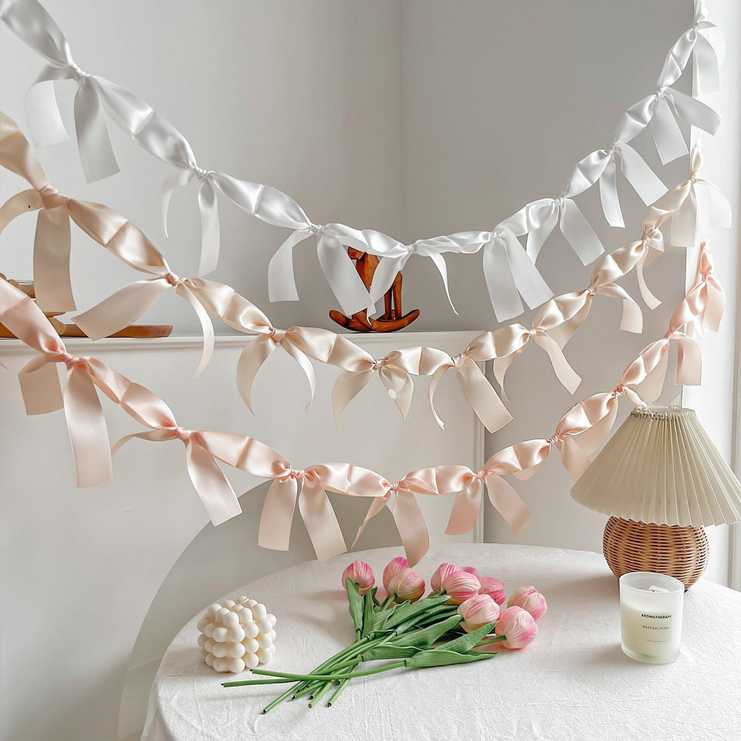 Eanjia Peach Bow Garland Pre-Assembled | 6ft Silk Satin Bow Banner for Coquette Bachelorette Party, Soft Blush Baby Shower,Bridal Shower Wedding Baby Room Bed Decor (Peach, 6ft)