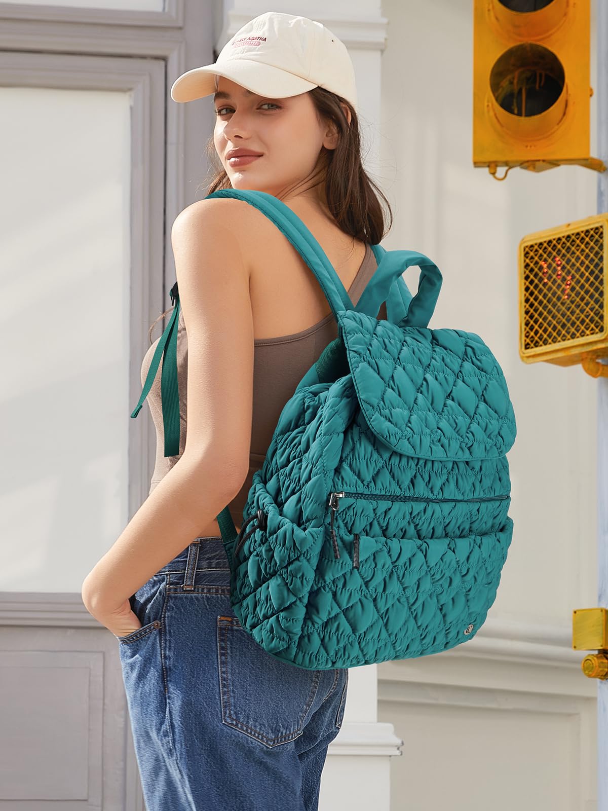 CLUCI Puffy Quilted Backpack for Women, Casual Lightweight Daypack for Women Travel Green