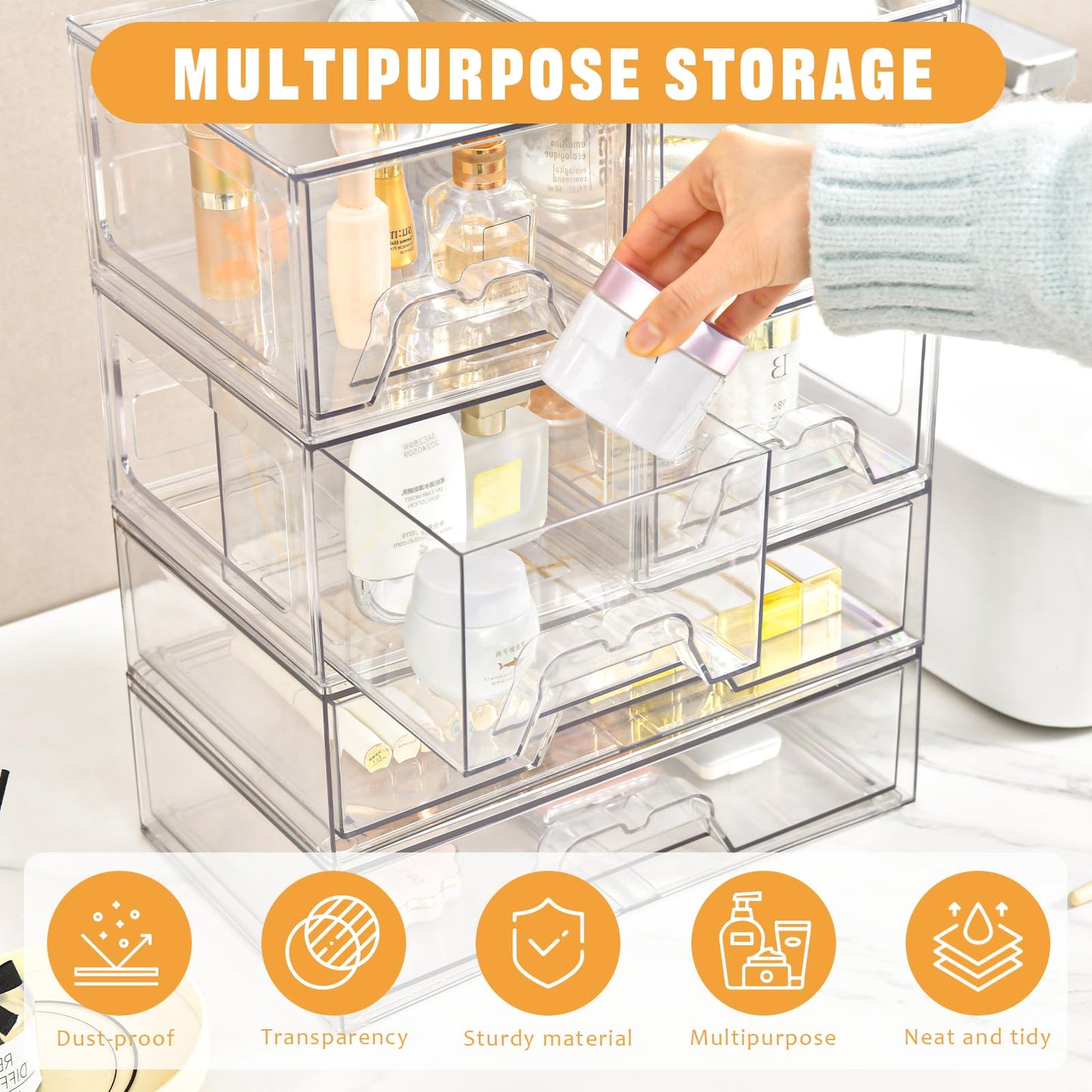 Stebopum 4 Pack Stackable Storage Drawers Clear Acrylic Organizer Bathroom Makeup Organizer and Storage for Beauty Supplies,Ideal for Vanity, Bathroom,Cabinet,Pantry Organization