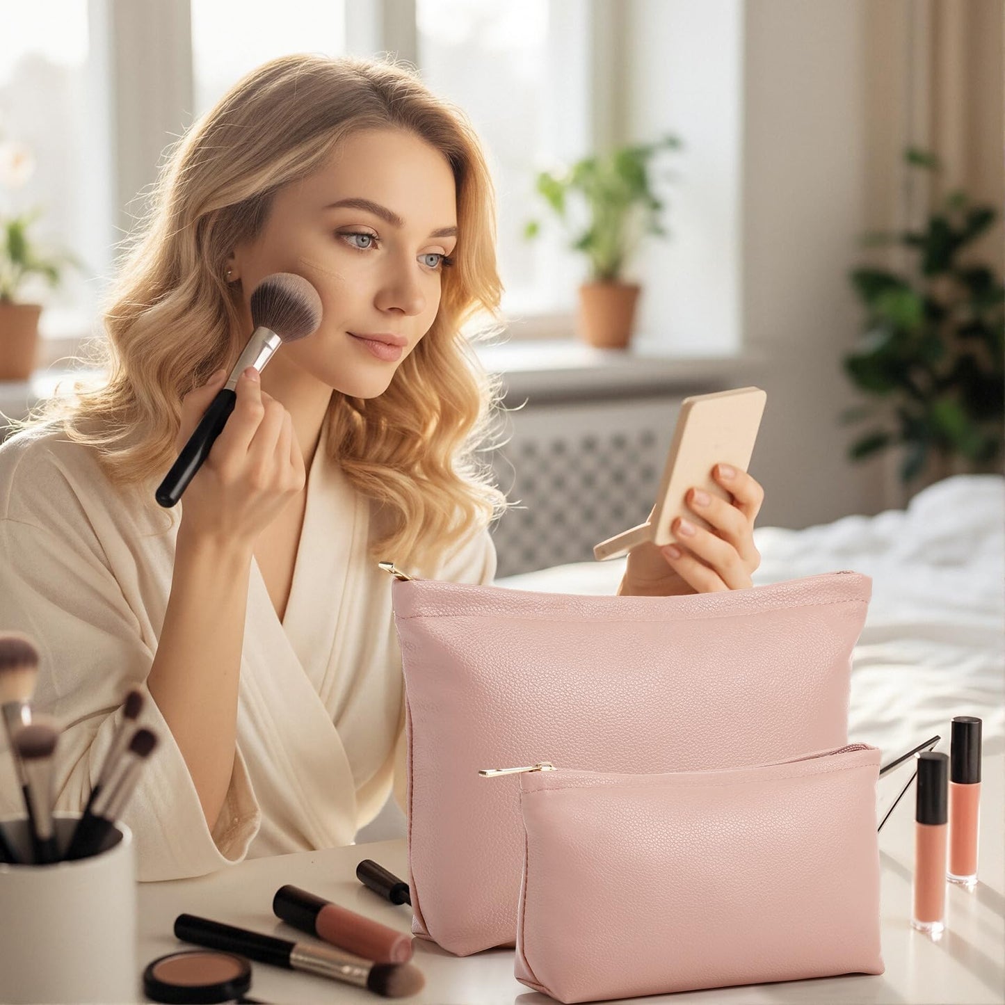 Kigeli 2 Pcs Small Makeup Bag Set for Purse PU Leather Cosmetic Bag Makeup Travel Toiletry Pouch Aesthetic Preppy Organizer Storage Pouch Gift for Teacher Mother Day Women(Pink)