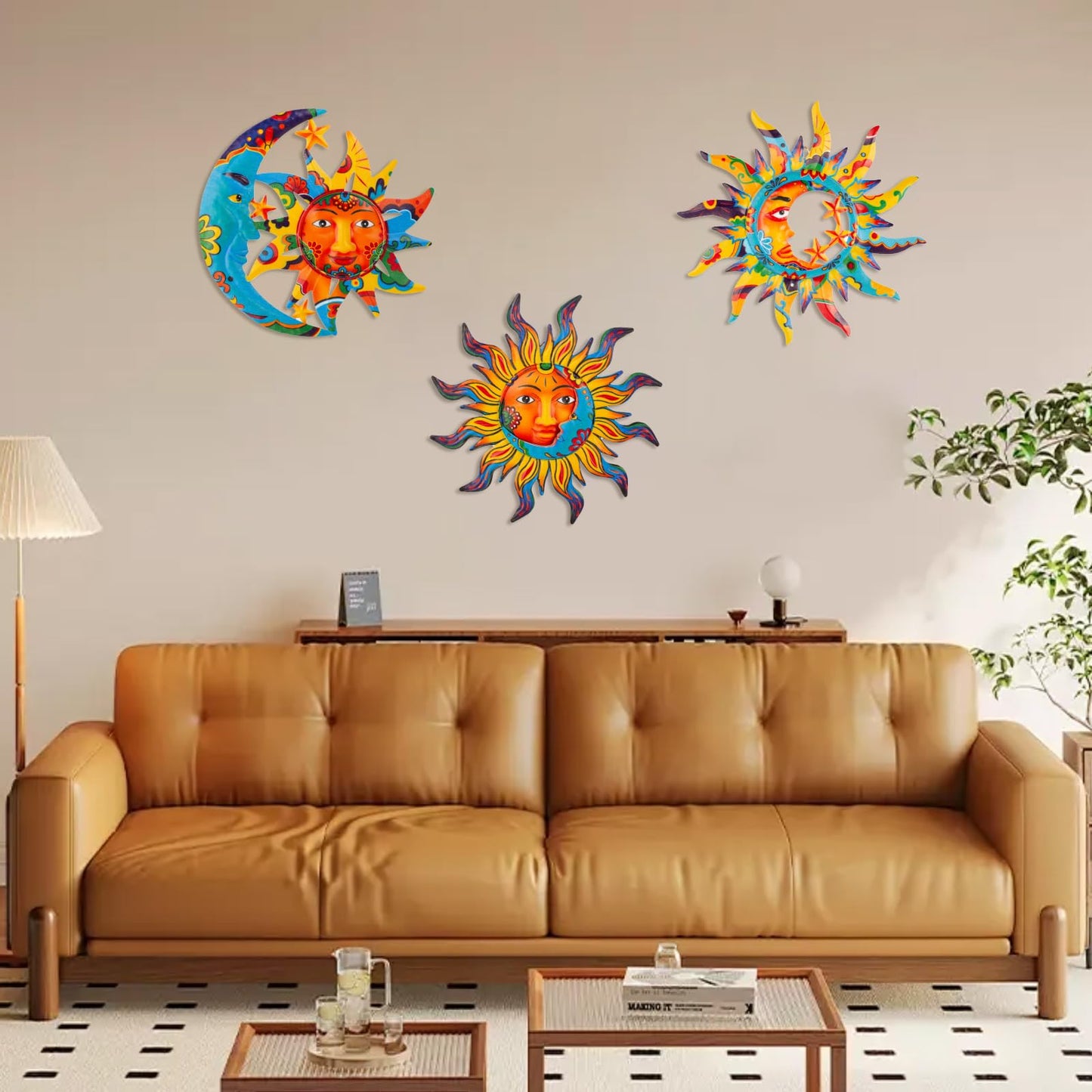 dreamskip 3 Pack Sun and Moon Wall Decor, Hanging Sun Moon & Stars Metal Wall Art, Sun Face Outdoor Wall Decor for Garden Fence Patio Yard Living Room Bedroom Decorations